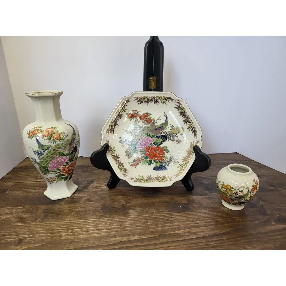 Vintage Japanese Satsuma Peacock Ceramic Inarco Vase Yamaji Plate Sato Gordon